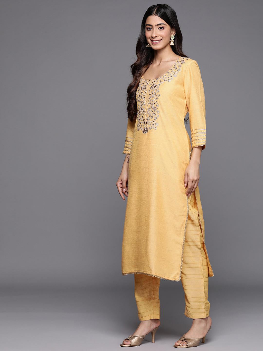 Yellow Yoke Design Silk Blend Straight Suit Set With Trousers - Libas