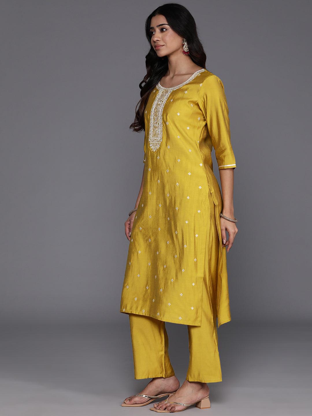 Yellow Yoke Design Silk Blend Straight Kurta With Trousers & Dupatta - Libas 