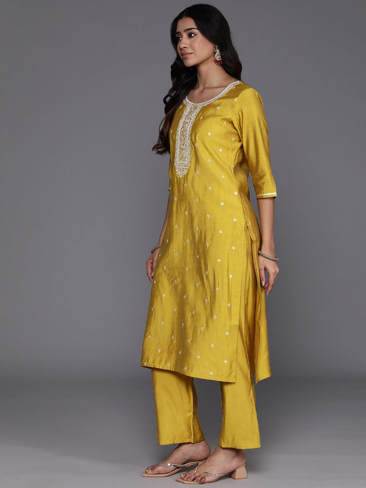 Yellow Yoke Design Silk Blend Straight Kurta With Trousers & Dupatta - Libas