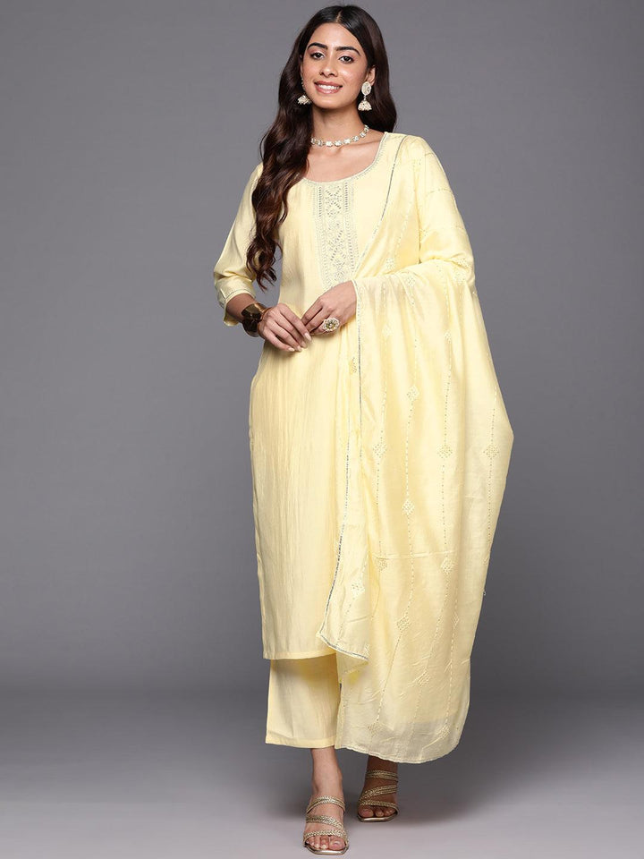 Yellow Yoke Design Silk Blend Straight Kurta With Trousers & Dupatta - Libas