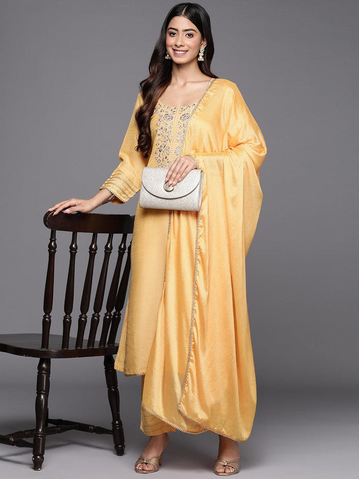 Yellow Yoke Design Silk Blend Straight Suit Set With Trousers - Libas