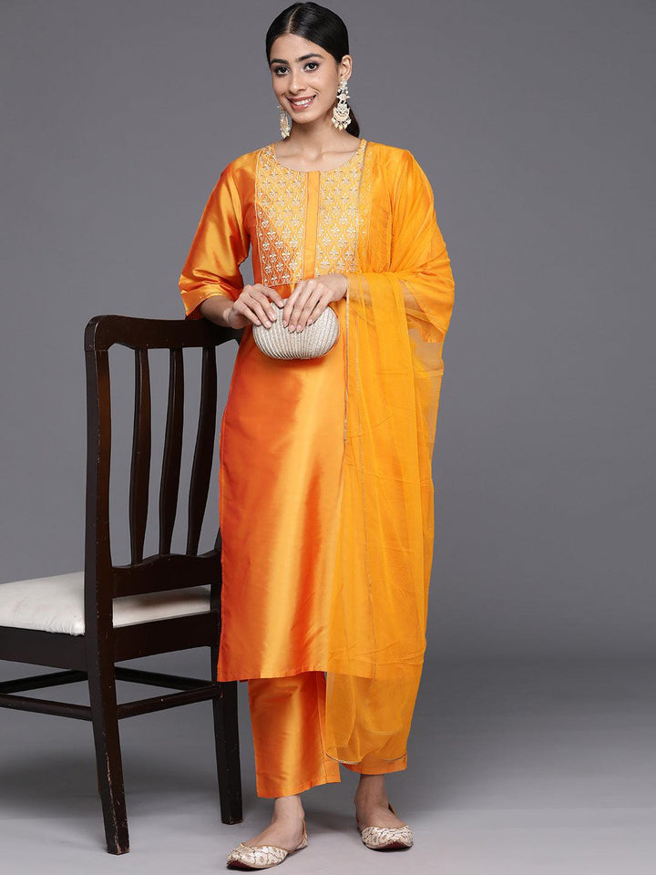 Yellow Yoke Design Silk Blend Straight Kurta With Trousers & Dupatta - Libas