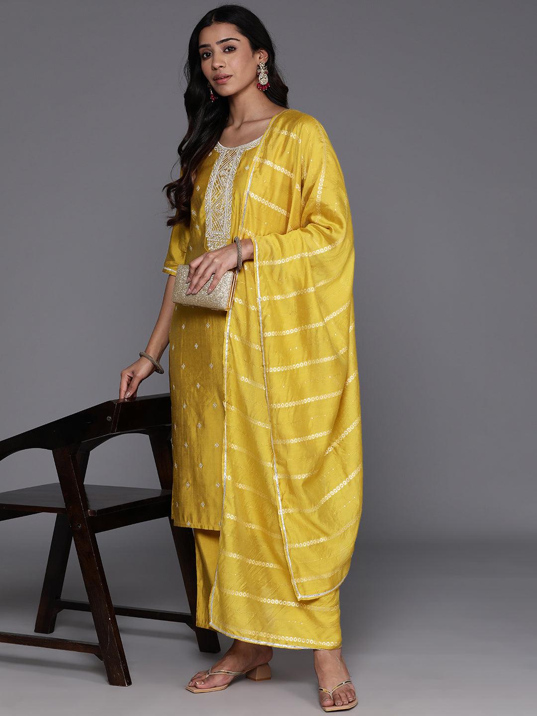 Yellow Yoke Design Silk Blend Straight Kurta With Trousers & Dupatta - Libas 