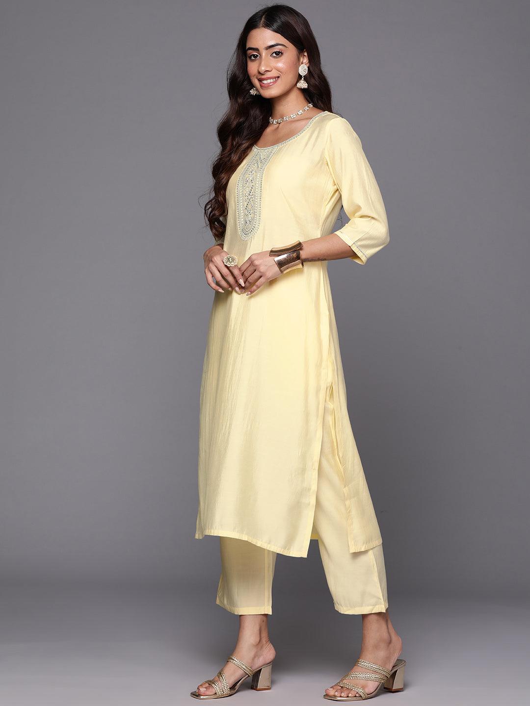 Yellow Yoke Design Silk Blend Straight Kurta With Trousers & Dupatta - Libas