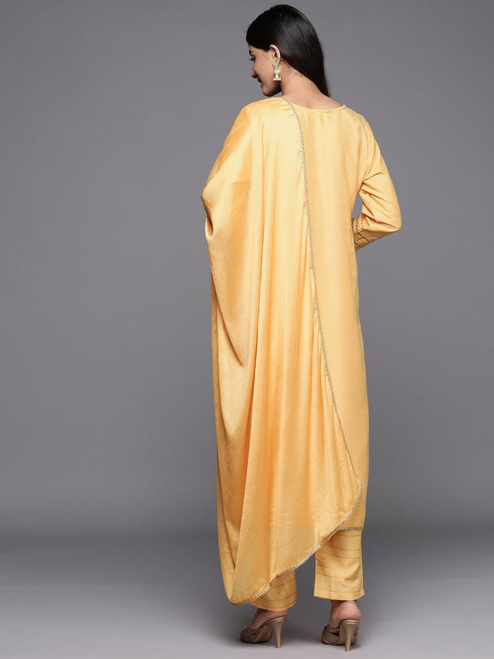 Yellow Yoke Design Silk Blend Straight Suit Set With Trousers - Libas