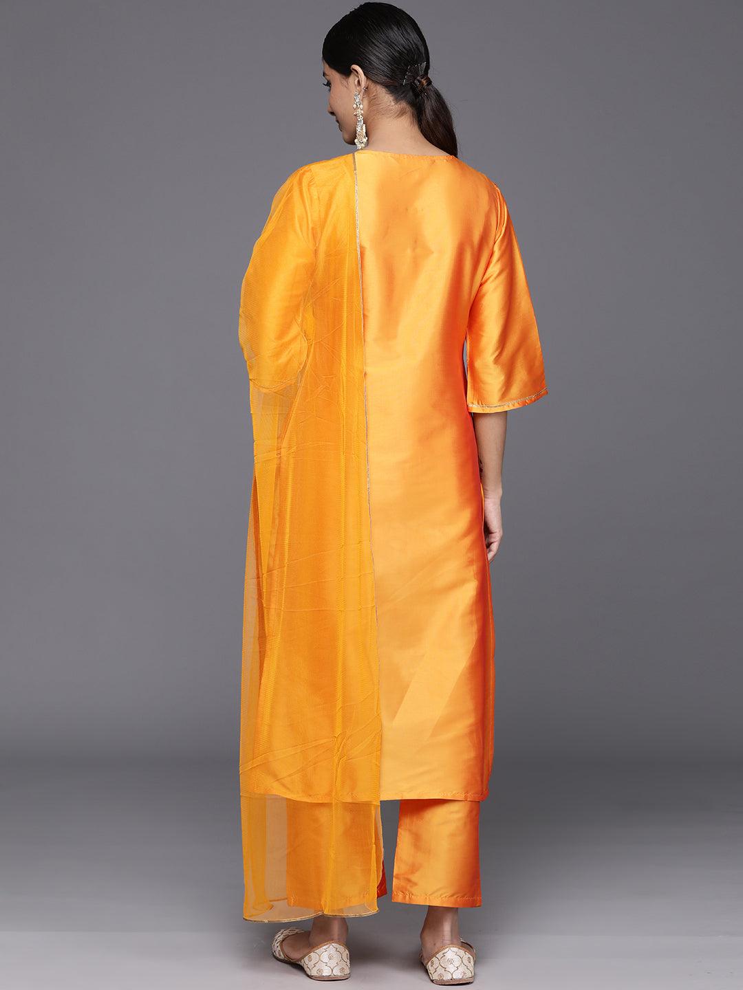 Yellow Yoke Design Silk Blend Straight Kurta With Trousers & Dupatta - Libas