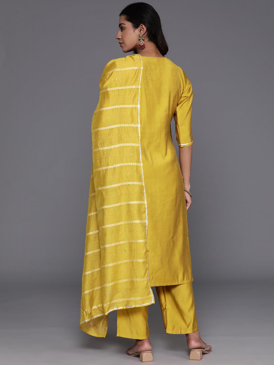 Yellow Yoke Design Silk Blend Straight Kurta With Trousers & Dupatta - Libas 