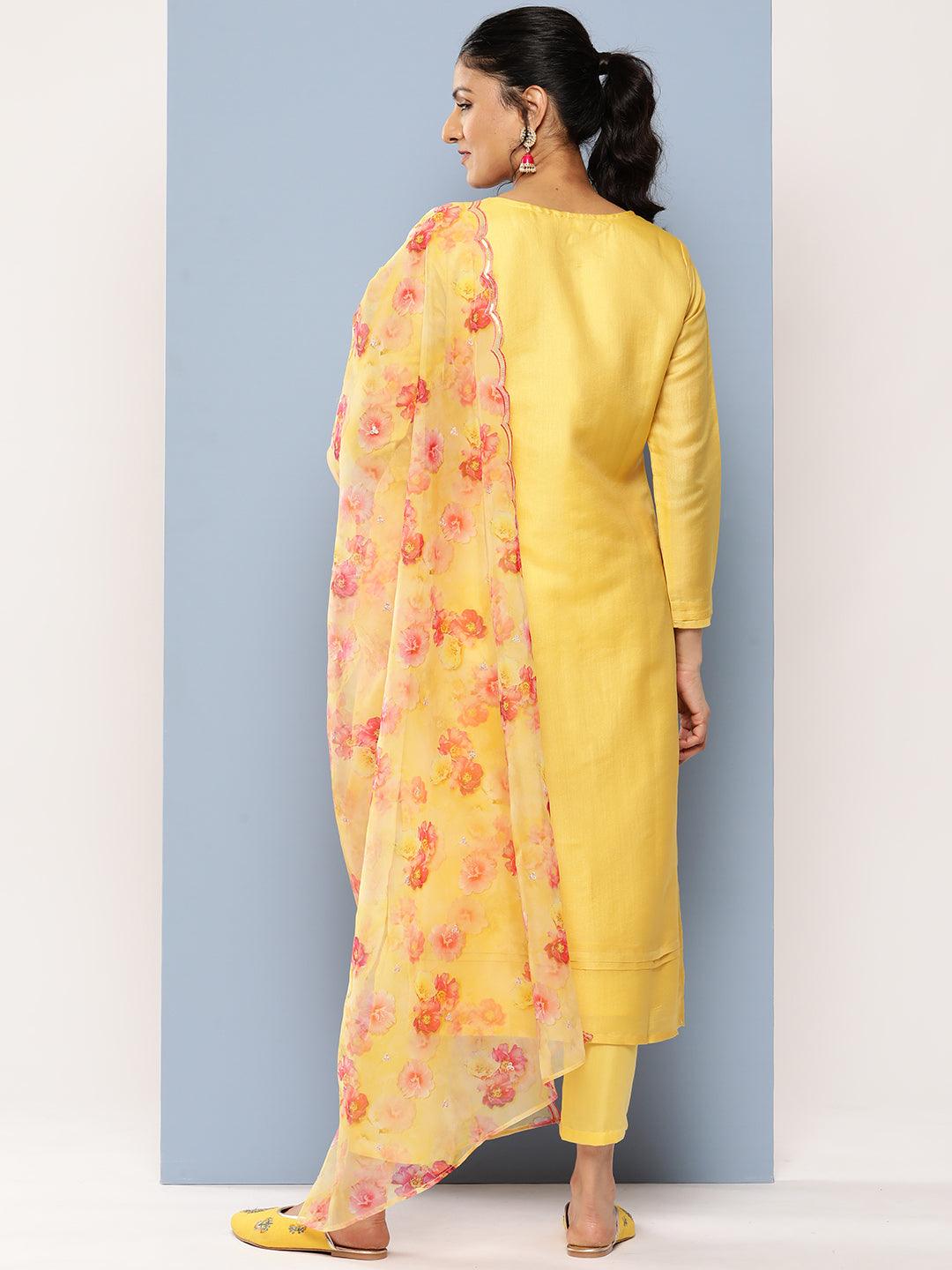Yellow Yoke Design Silk Blend Straight Kurta With Trousers & Dupatta
