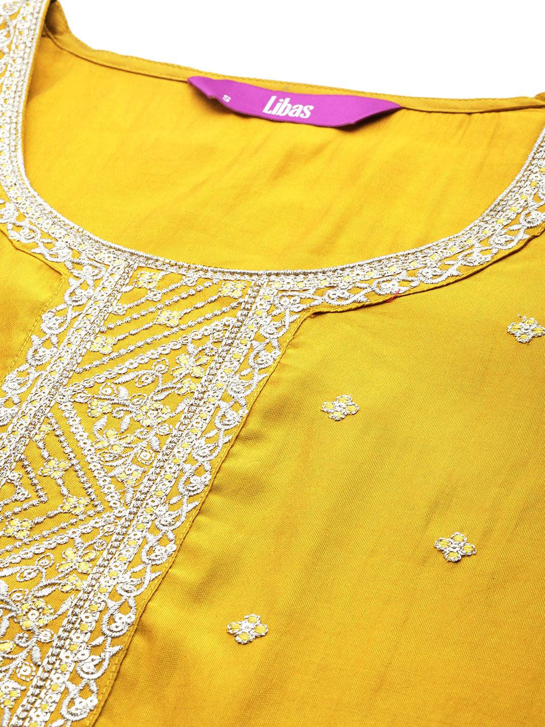 Yellow Yoke Design Silk Blend Straight Kurta With Trousers & Dupatta - Libas 