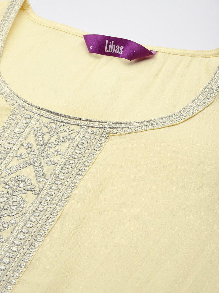 Yellow Yoke Design Silk Blend Straight Kurta With Trousers & Dupatta - Libas