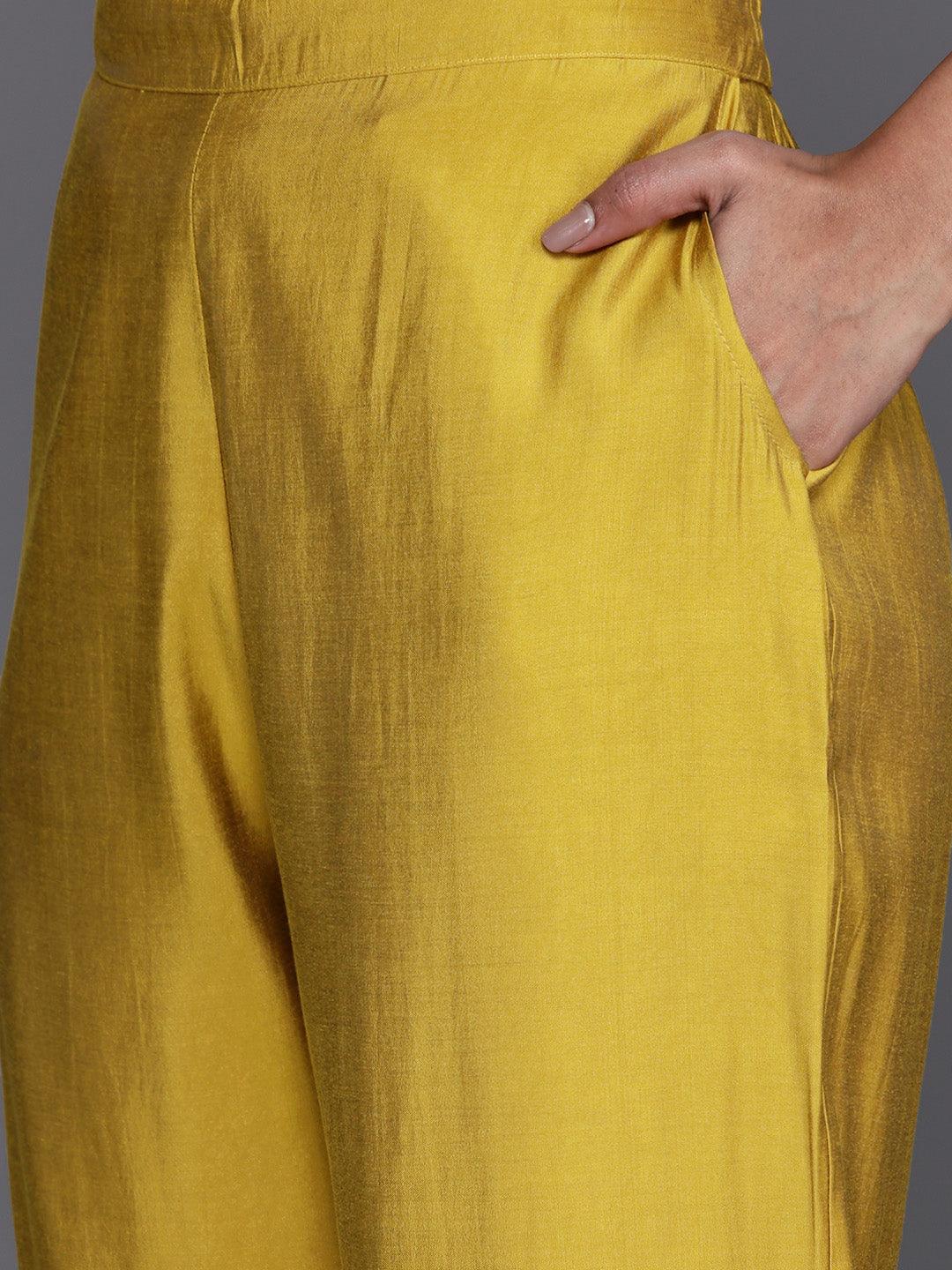 Yellow Yoke Design Silk Blend Straight Kurta With Trousers & Dupatta - Libas