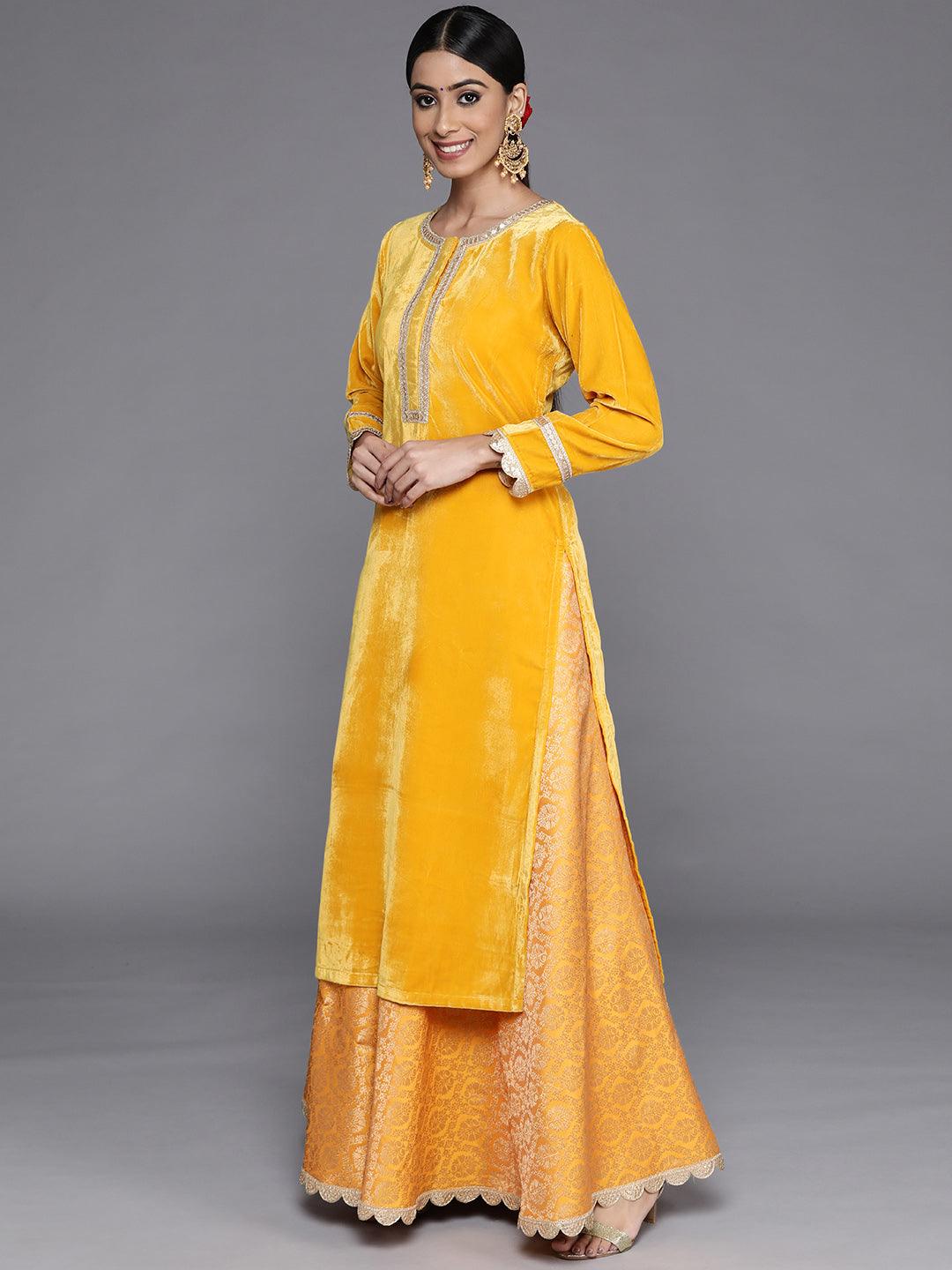 Yellow Yoke Design Velvet Straight Kurta With Skirt & Dupatta