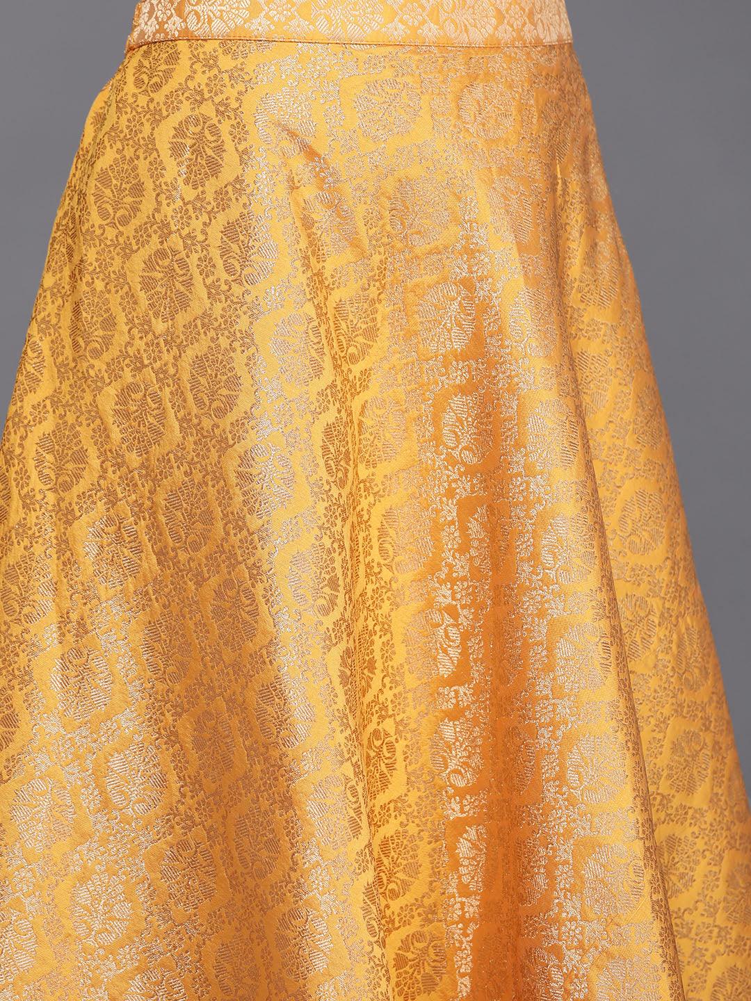 Yellow Yoke Design Velvet Straight Kurta With Skirt & Dupatta
