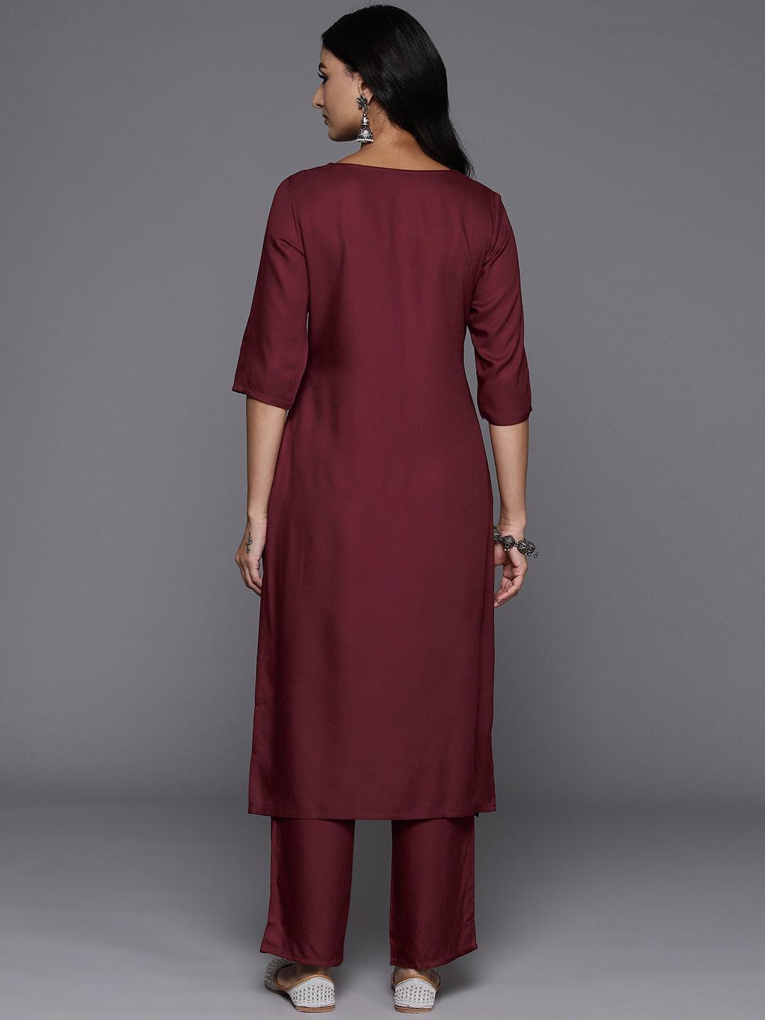 Maroon Yoke Design Wool Blend Straight Kurta With Trousers - Libas