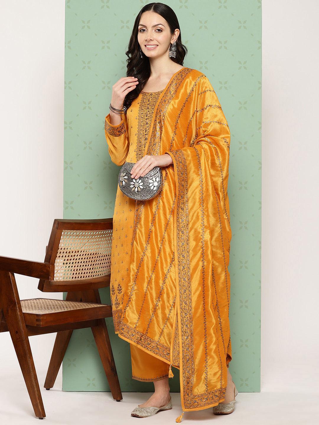 Amber Embroidered Silk Blend Straight Kurta With Trousers & Dupatta - Libas 