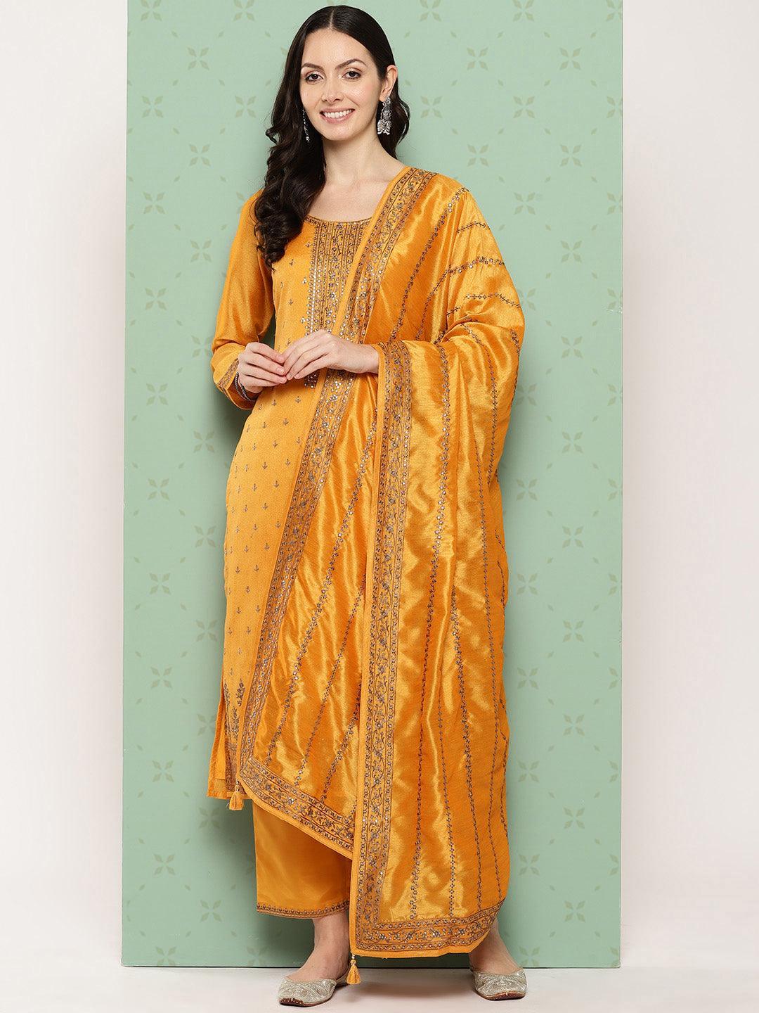 Amber Embroidered Silk Blend Straight Kurta With Trousers & Dupatta - Libas