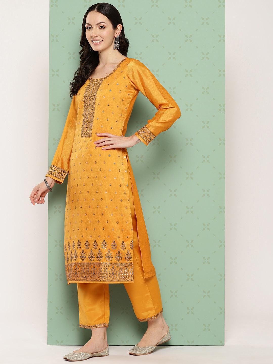 Amber Embroidered Silk Blend Straight Kurta With Trousers & Dupatta - Libas 