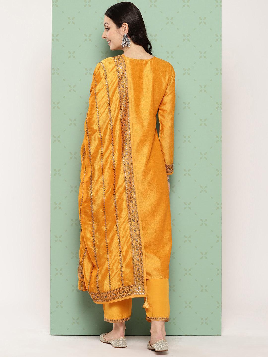 Amber Embroidered Silk Blend Straight Kurta With Trousers & Dupatta - Libas