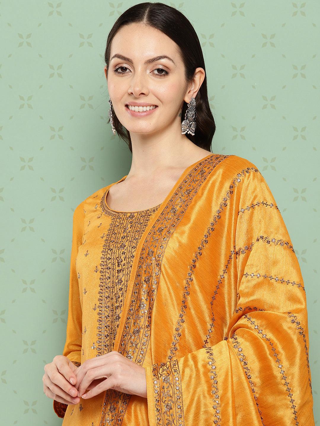 Amber Embroidered Silk Blend Straight Kurta With Trousers & Dupatta - Libas 