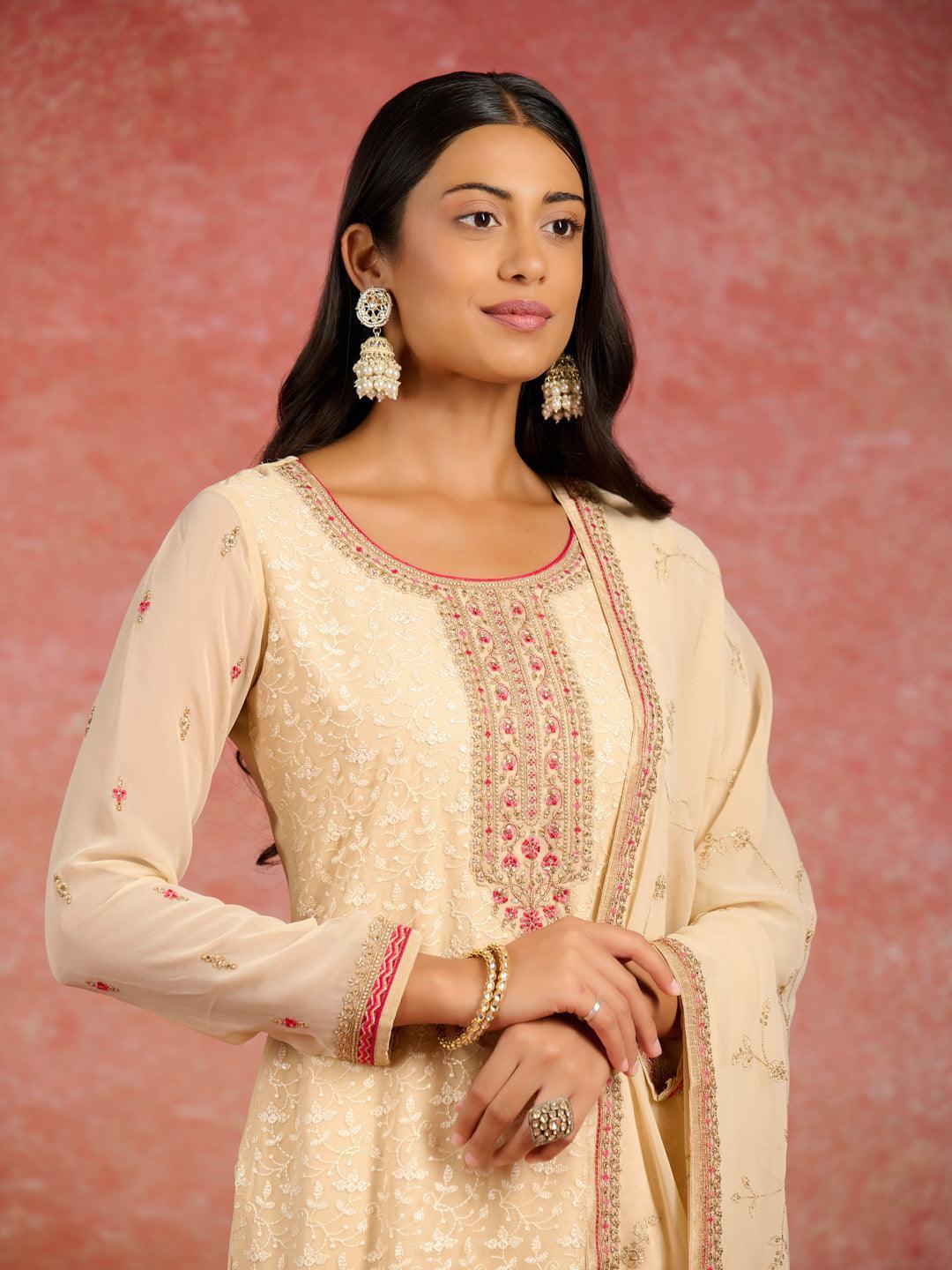 Beige Embroidered Georgette Straight Suit With Dupatta