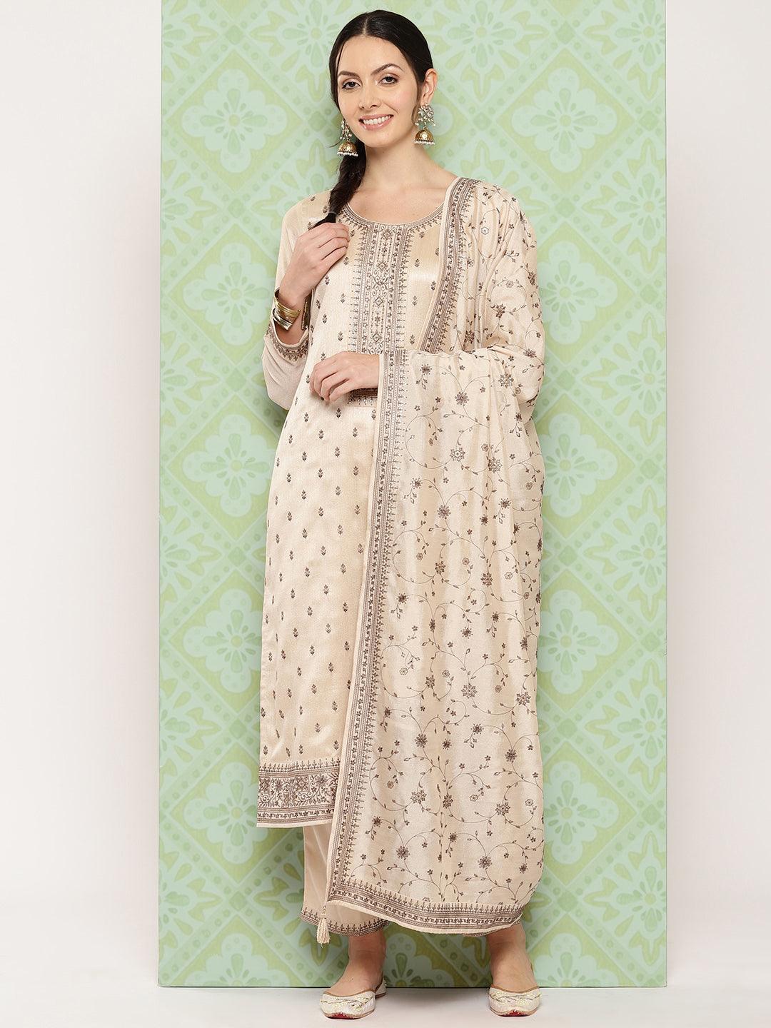 Beige Embroidered Silk Blend Straight Kurta With Trousers & Dupatta - Libas