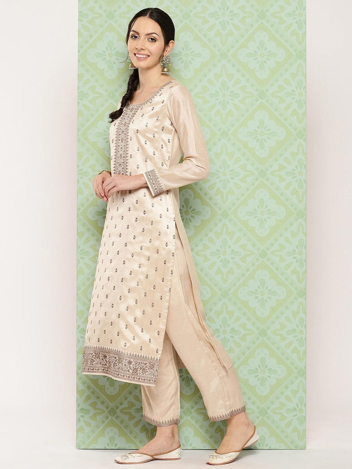 Beige Embroidered Silk Blend Straight Kurta With Trousers & Dupatta - Libas