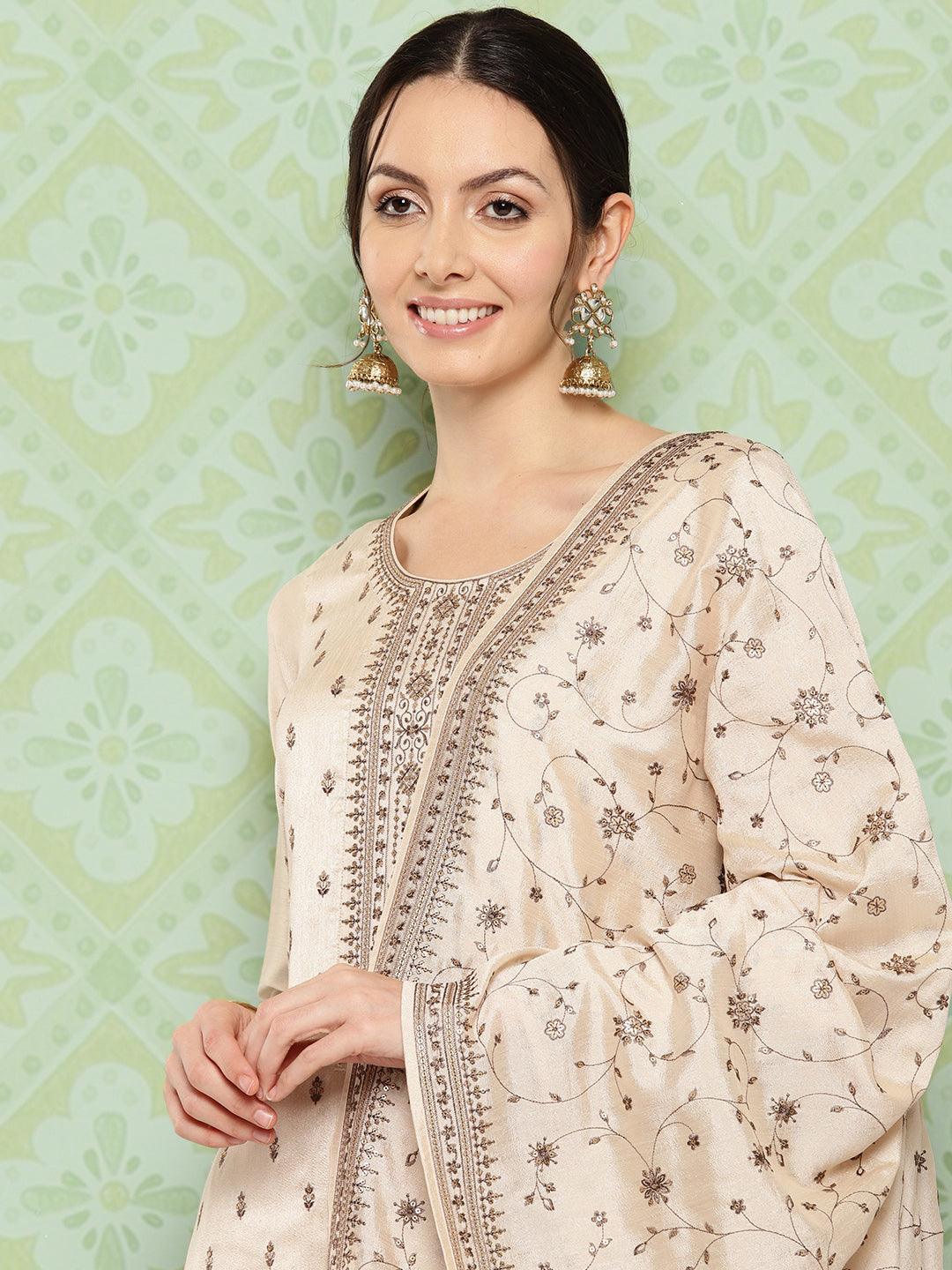 Beige Embroidered Silk Blend Straight Kurta With Trousers & Dupatta - Libas