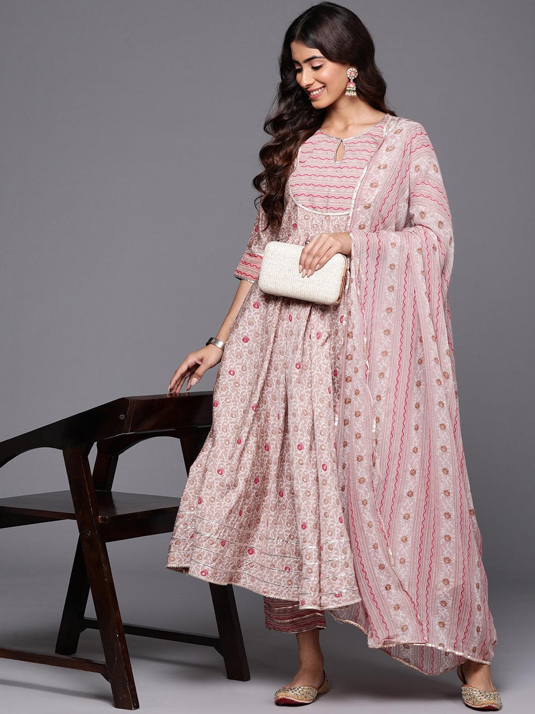 Beige Printed Silk Blend Anarkali Kurta With Trousers & Dupatta - Libas 