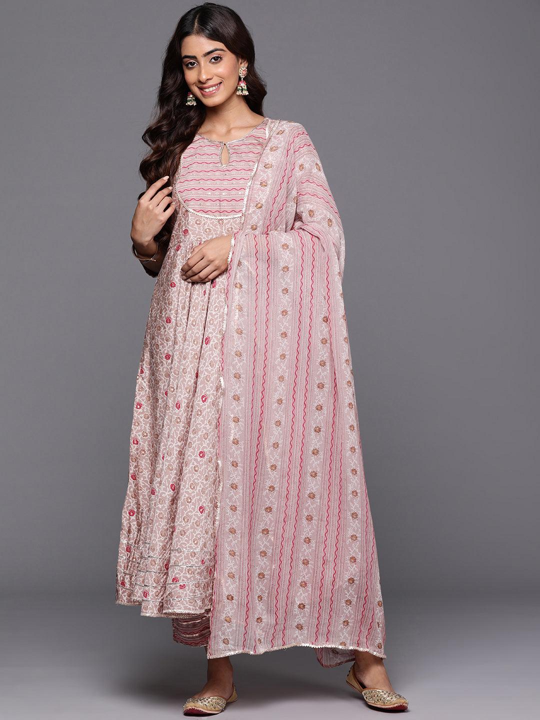 Beige Printed Silk Blend Anarkali Kurta With Trousers & Dupatta - Libas 