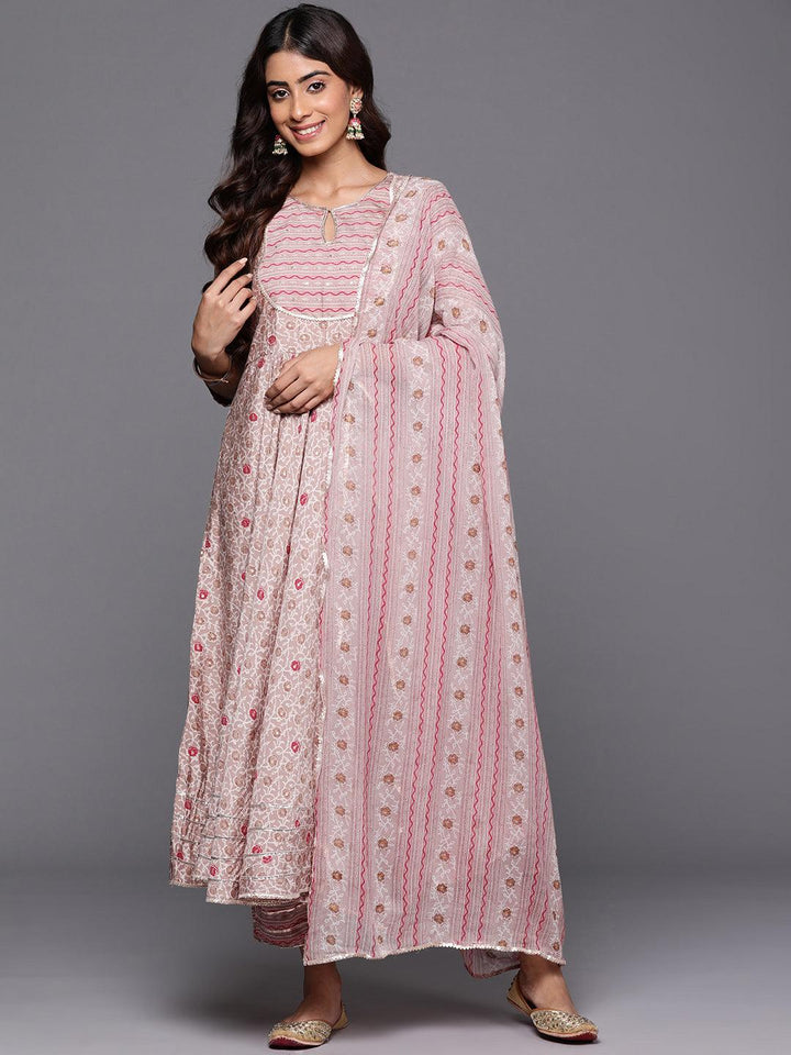 Beige Printed Silk Blend Anarkali Kurta With Trousers & Dupatta - Libas