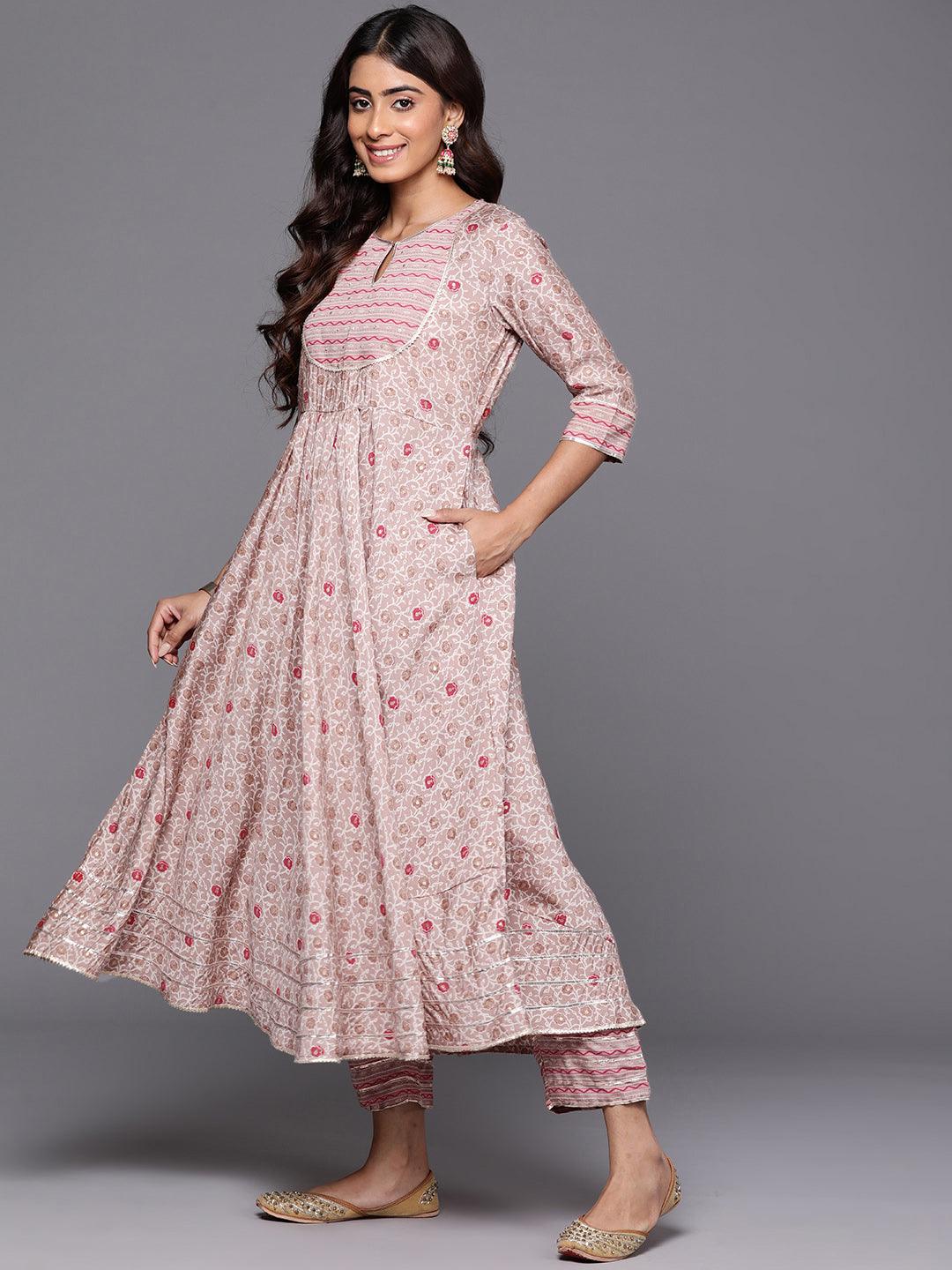 Beige Printed Silk Blend Anarkali Kurta With Trousers & Dupatta - Libas