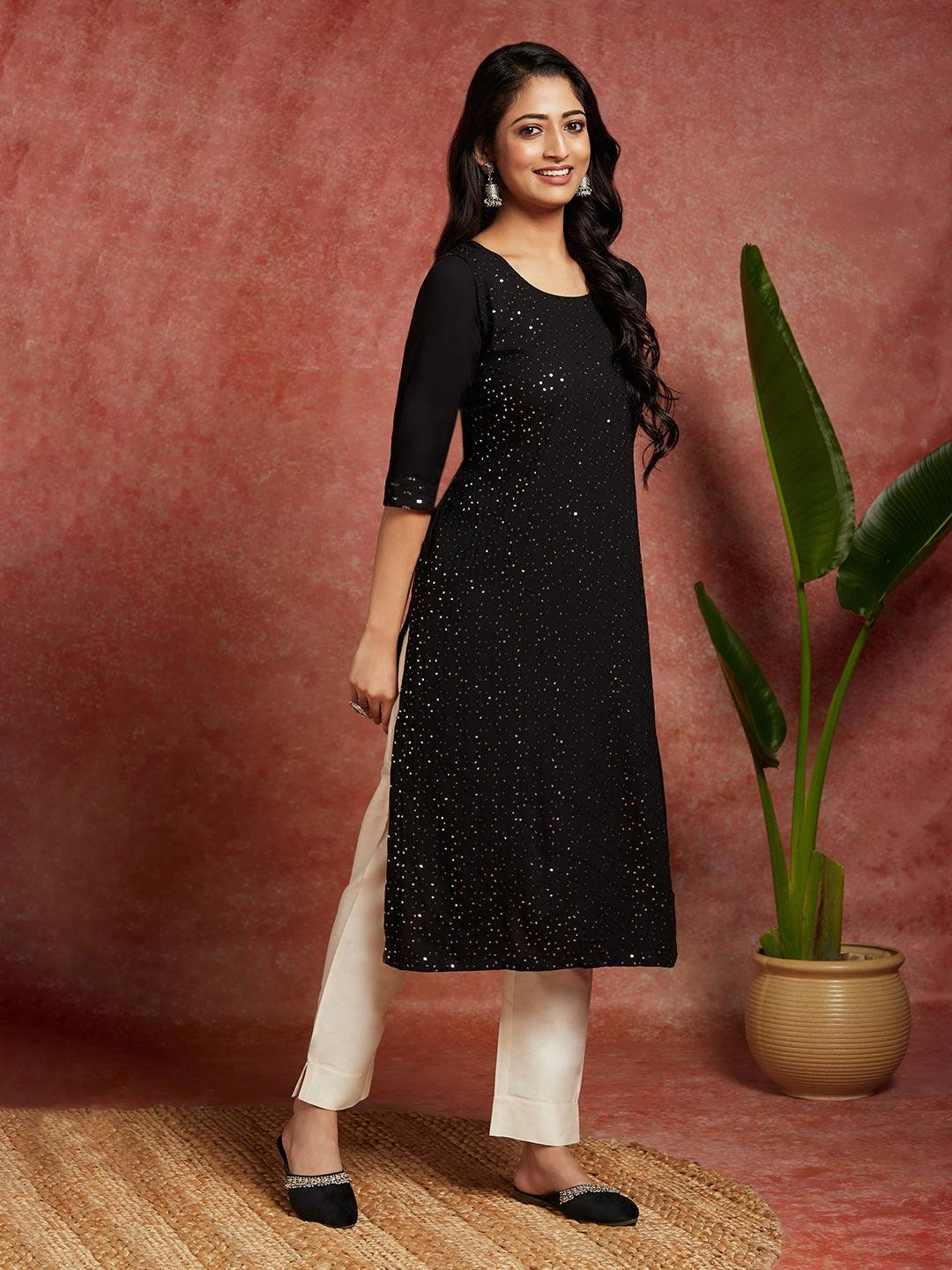 Black Embellished Rayon Straight Kurta - Libas