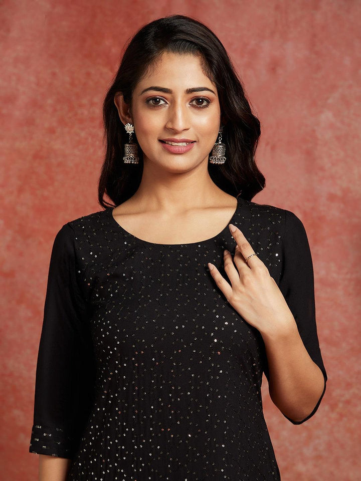 Black Embellished Rayon Straight Kurta - Libas