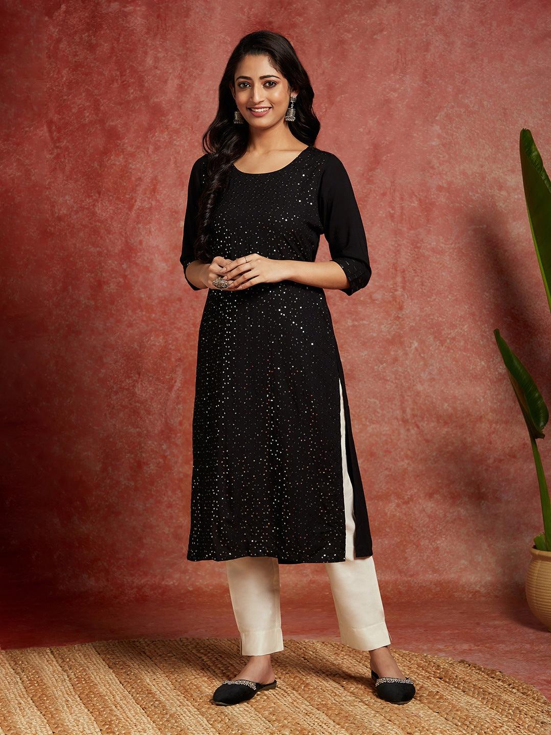 Black Embellished Rayon Straight Kurta - Libas