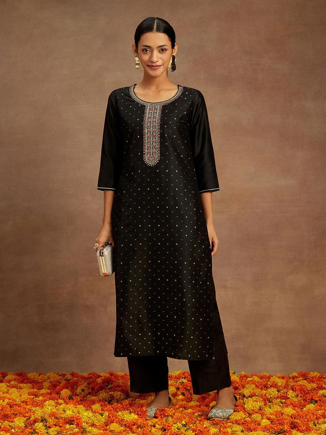 Black Embellished Silk Straight Kurta - Libas