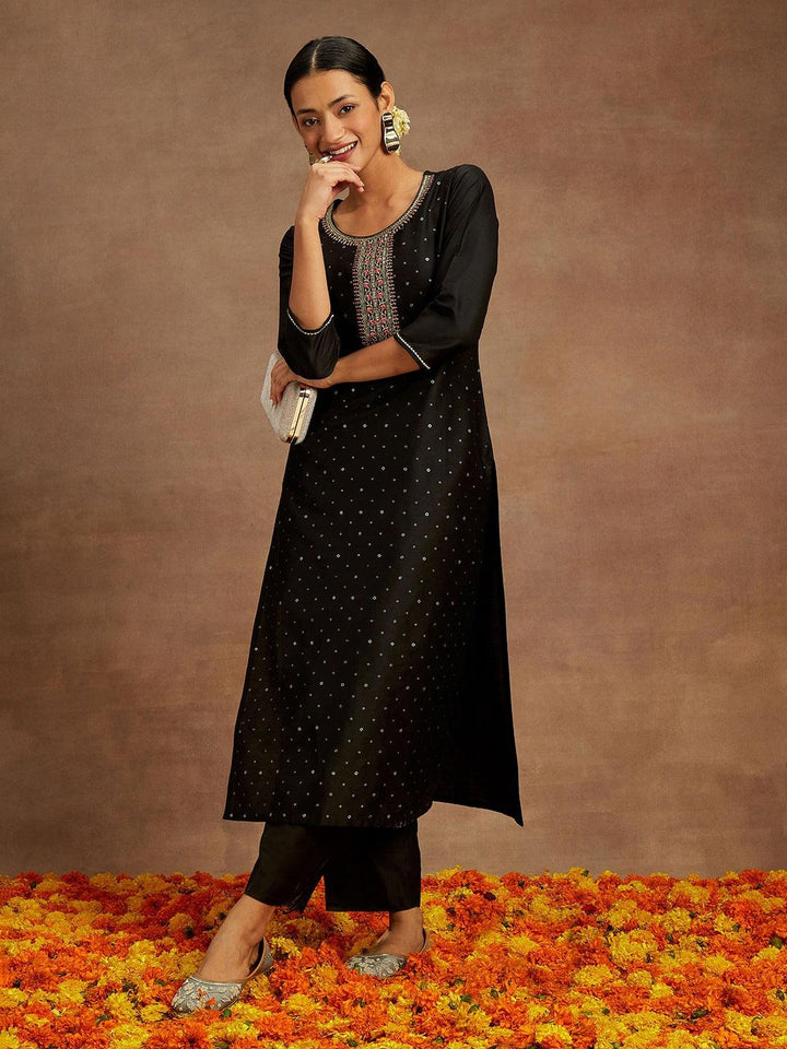 Black Embellished Silk Straight Kurta - Libas