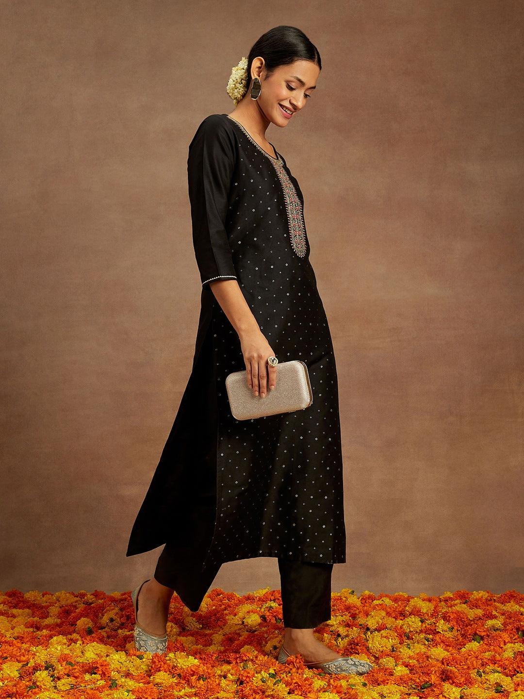 Black Embellished Silk Straight Kurta - Libas