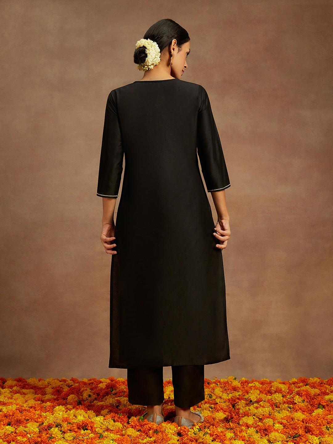 Black Embellished Silk Straight Kurta - Libas