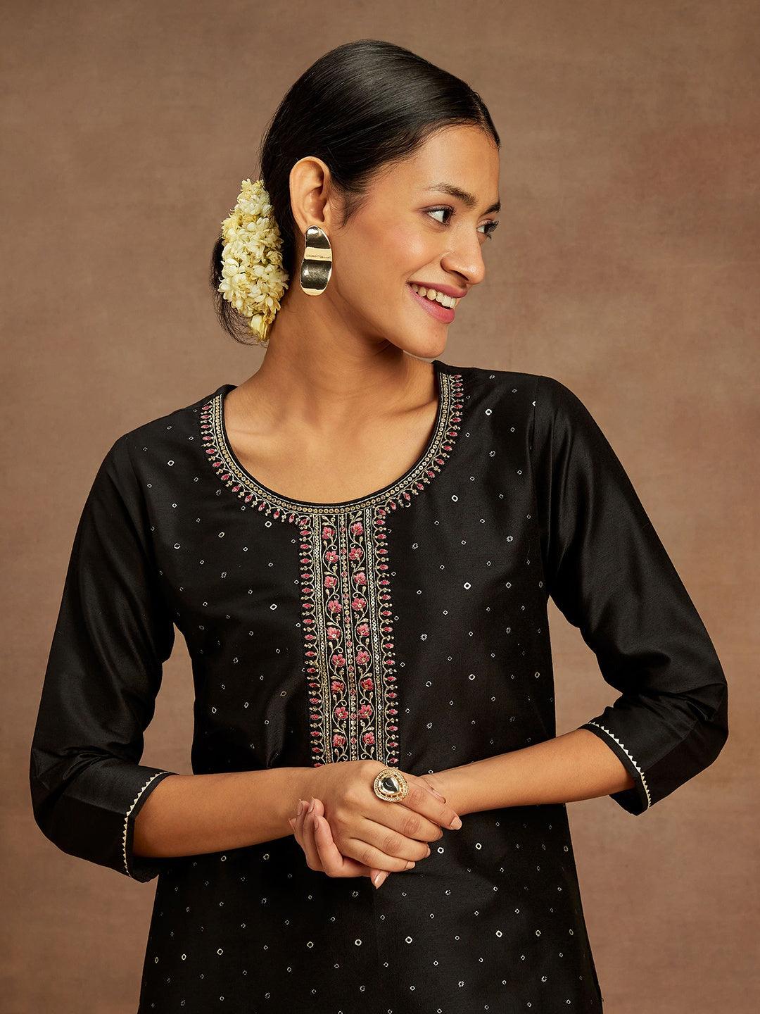 Black Embellished Silk Straight Kurta - Libas