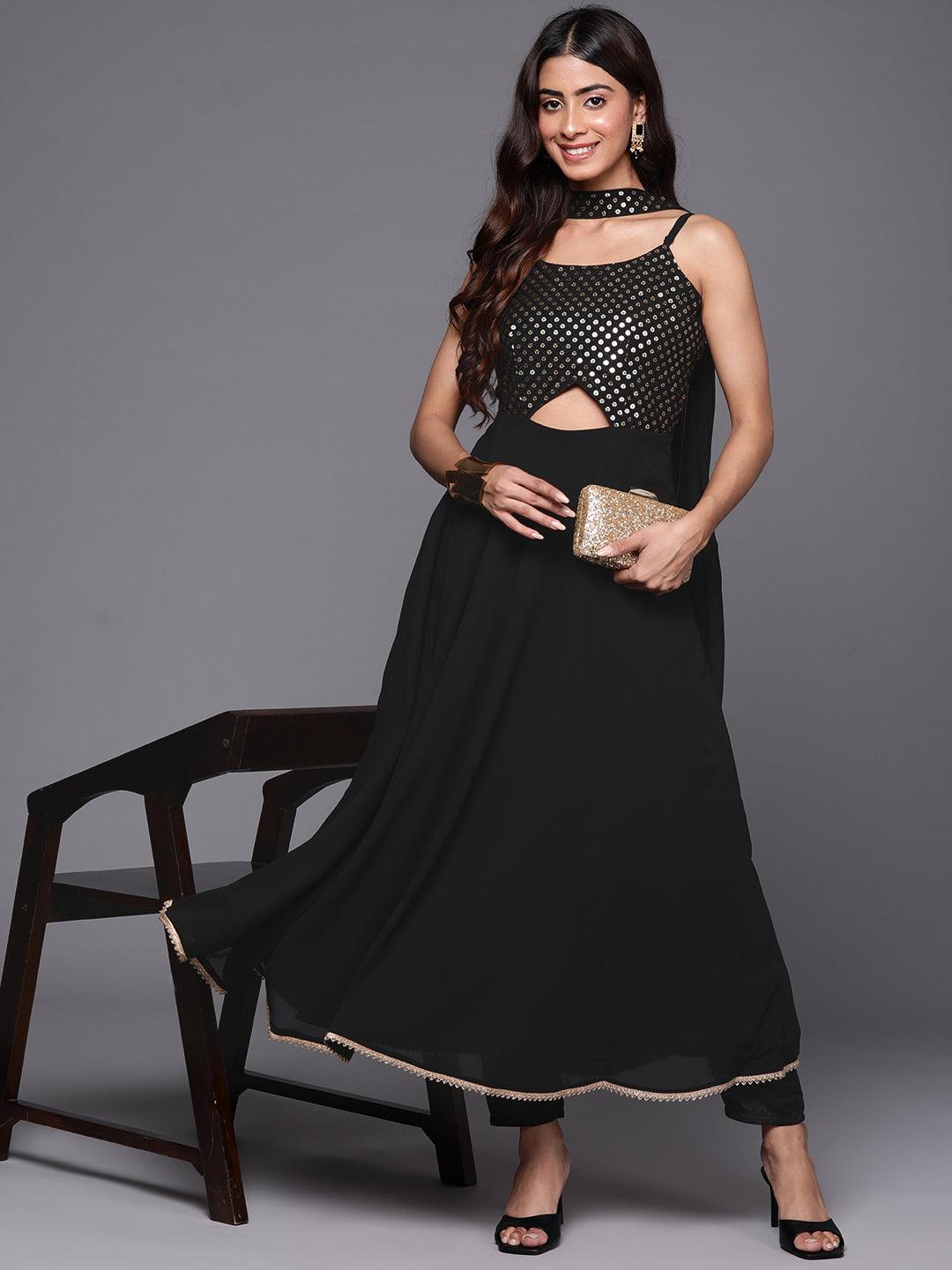 Black Embroidered Georgette A-Line Kurta With Trousers & Dupatta - Libas 