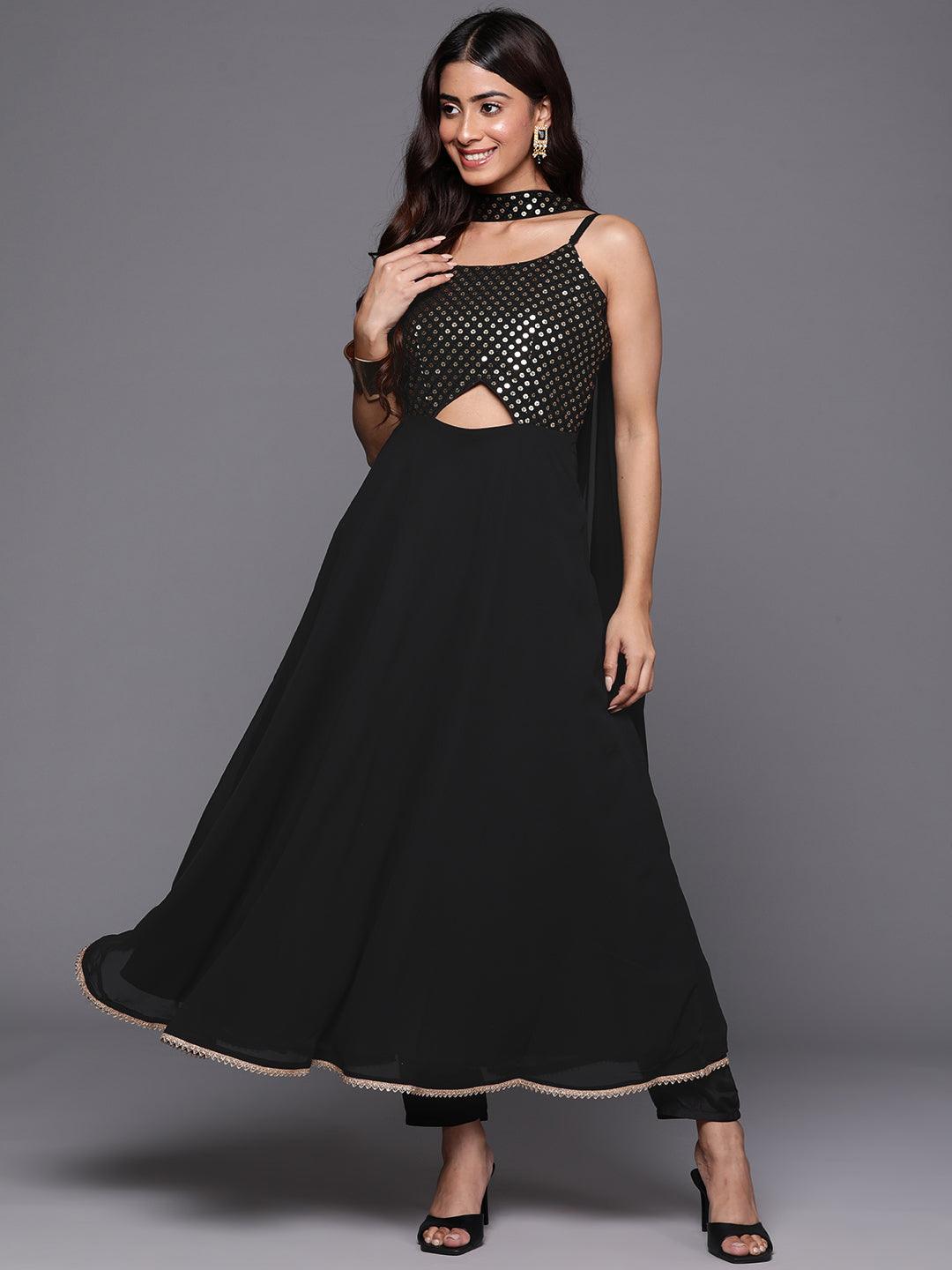 Black Embroidered Georgette A-Line Kurta With Trousers & Dupatta - Libas 