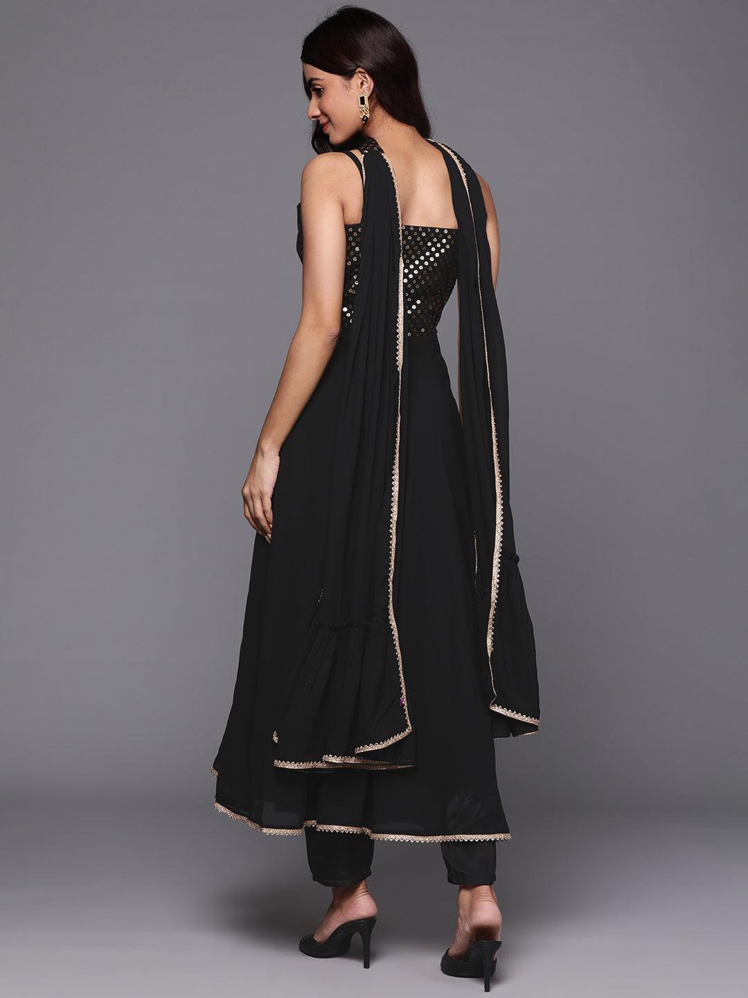 Black Embroidered Georgette A-Line Kurta With Trousers & Dupatta - Libas 