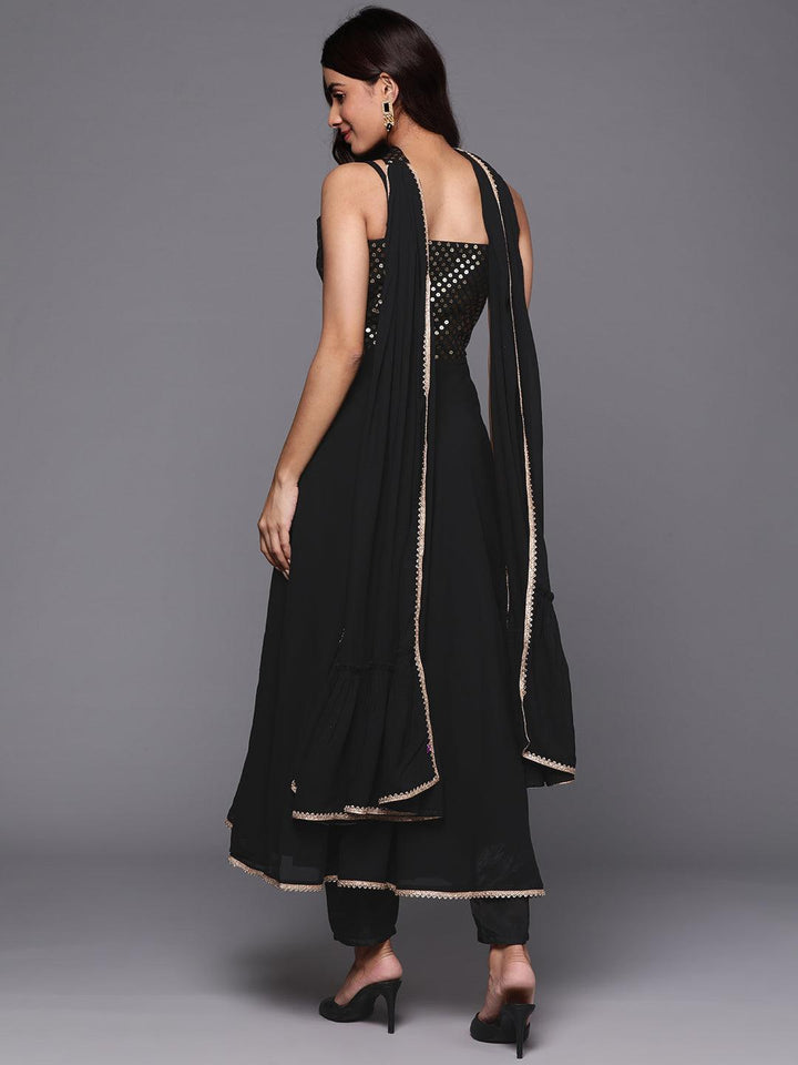 Black Embroidered Georgette A-Line Kurta With Trousers & Dupatta - Libas