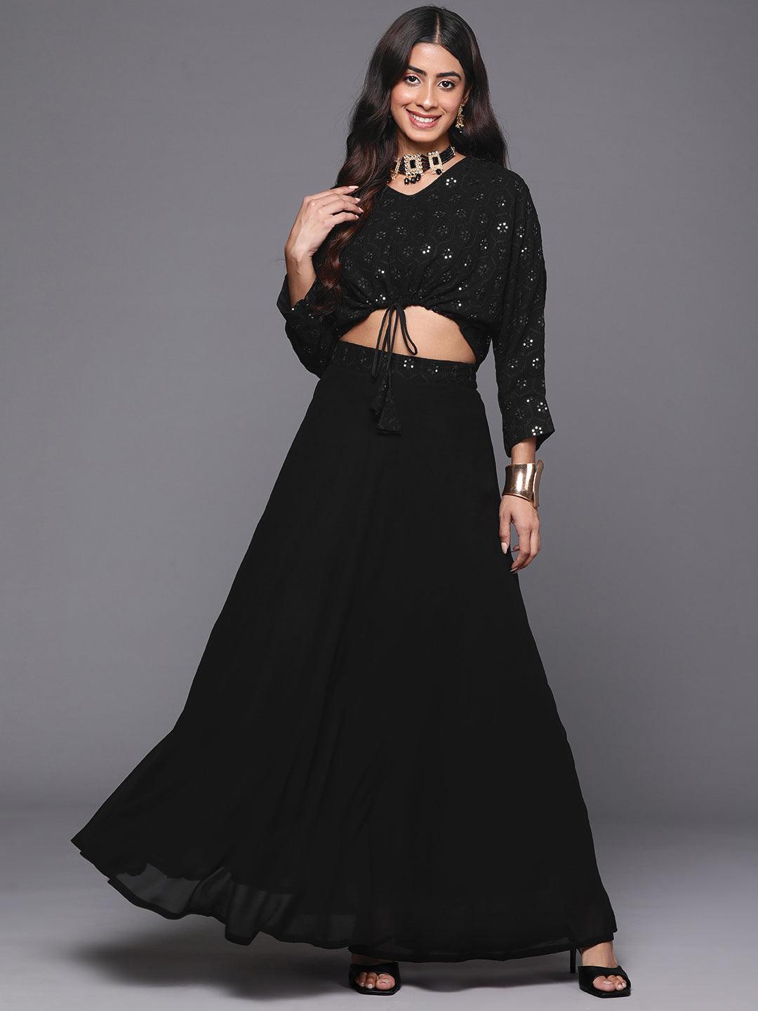 Black Embroidered Georgette Lehenga - Libas 