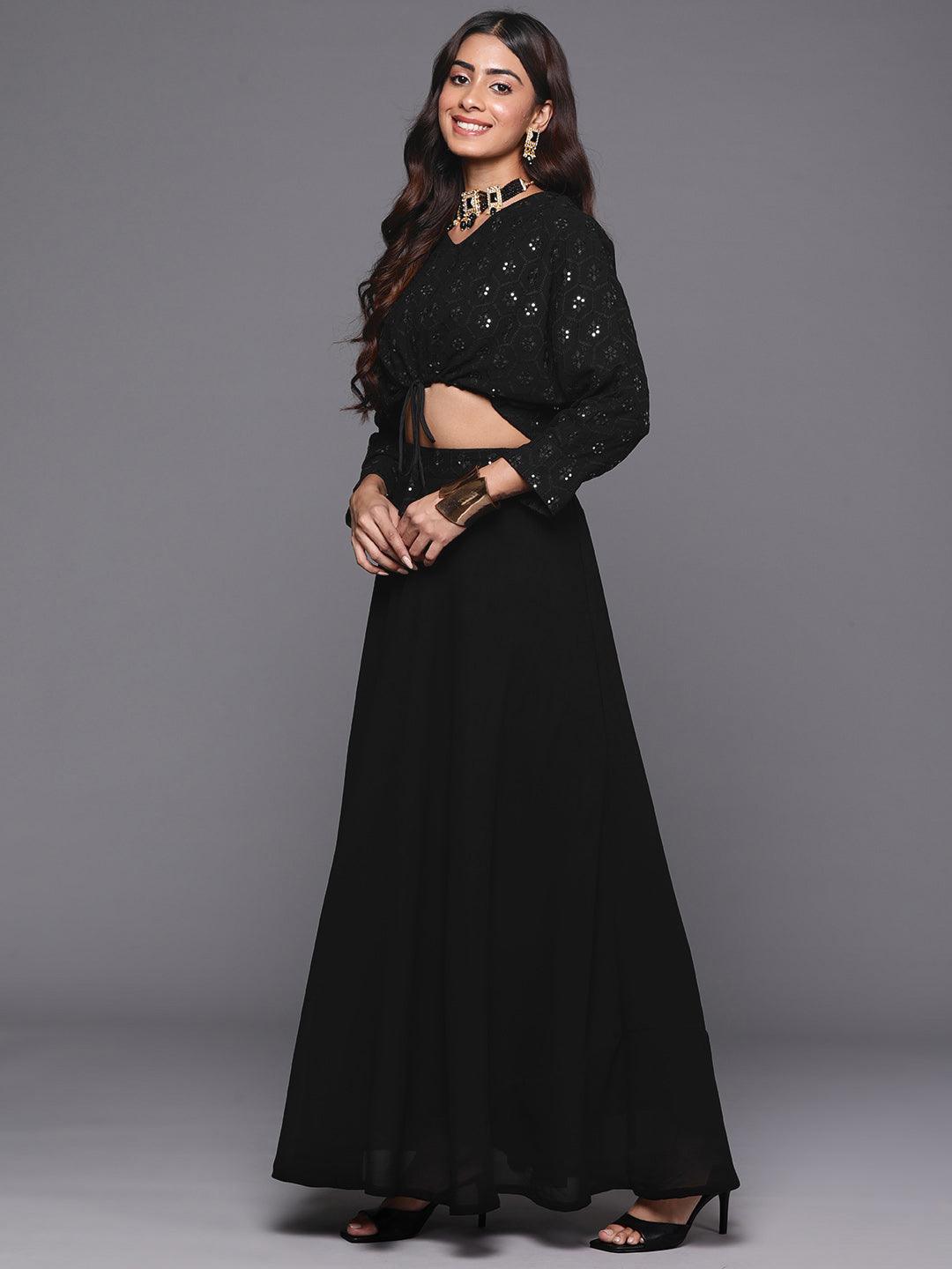 Black Embroidered Georgette Lehenga - Libas 