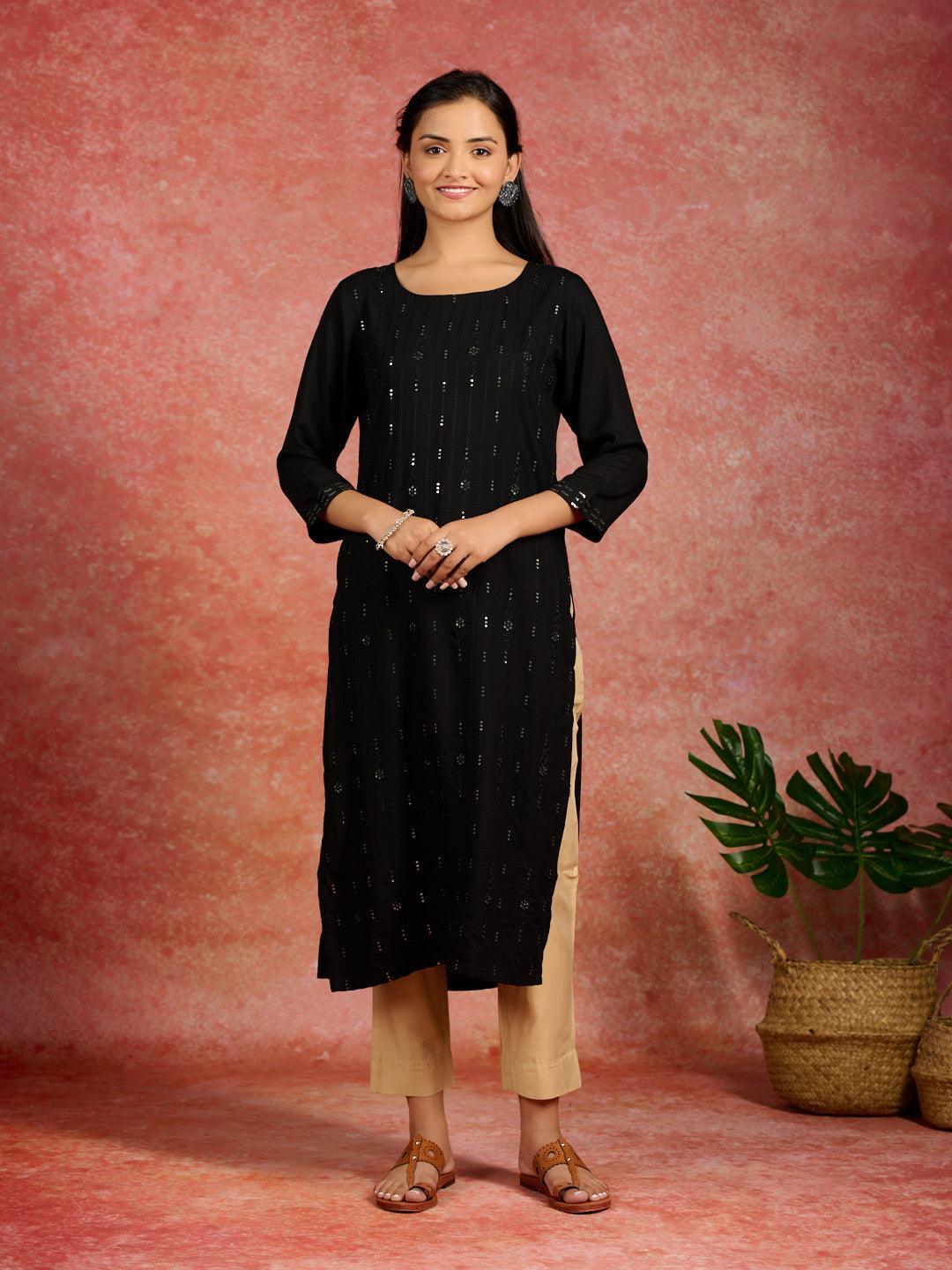 Black Embroidered Rayon Straight Kurta - Libas