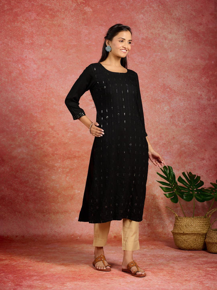 Black Embroidered Rayon Straight Kurta - Libas