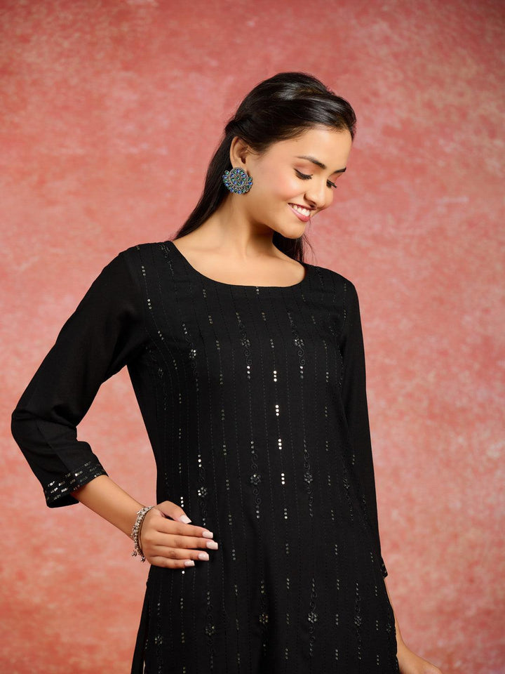 Black Embroidered Rayon Straight Kurta - Libas