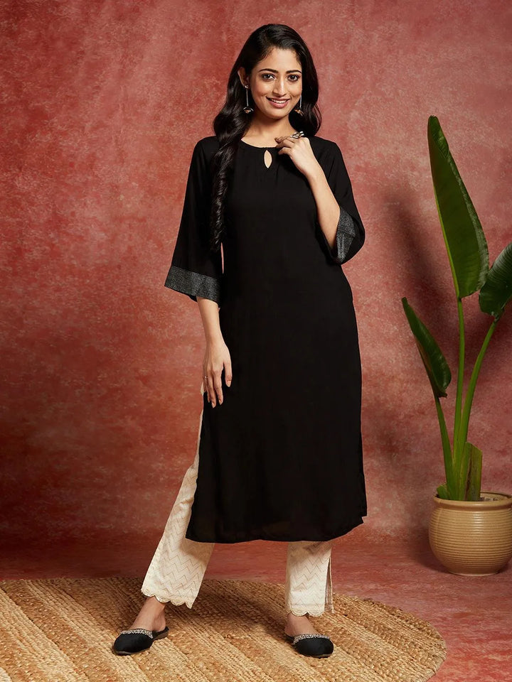 Black Solid Rayon Straight Kurta - Libas