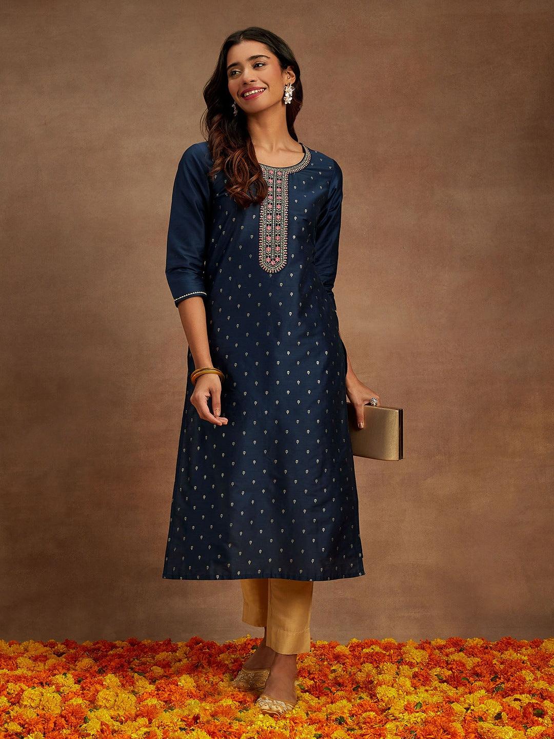 Blue Embellished Chanderi Silk Straight Kurta - Libas